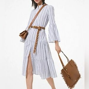 MICHAEL KORS Striped Cotton Gauze Tiered Dress Size Large BUTTON DOWN PINSTRIPE